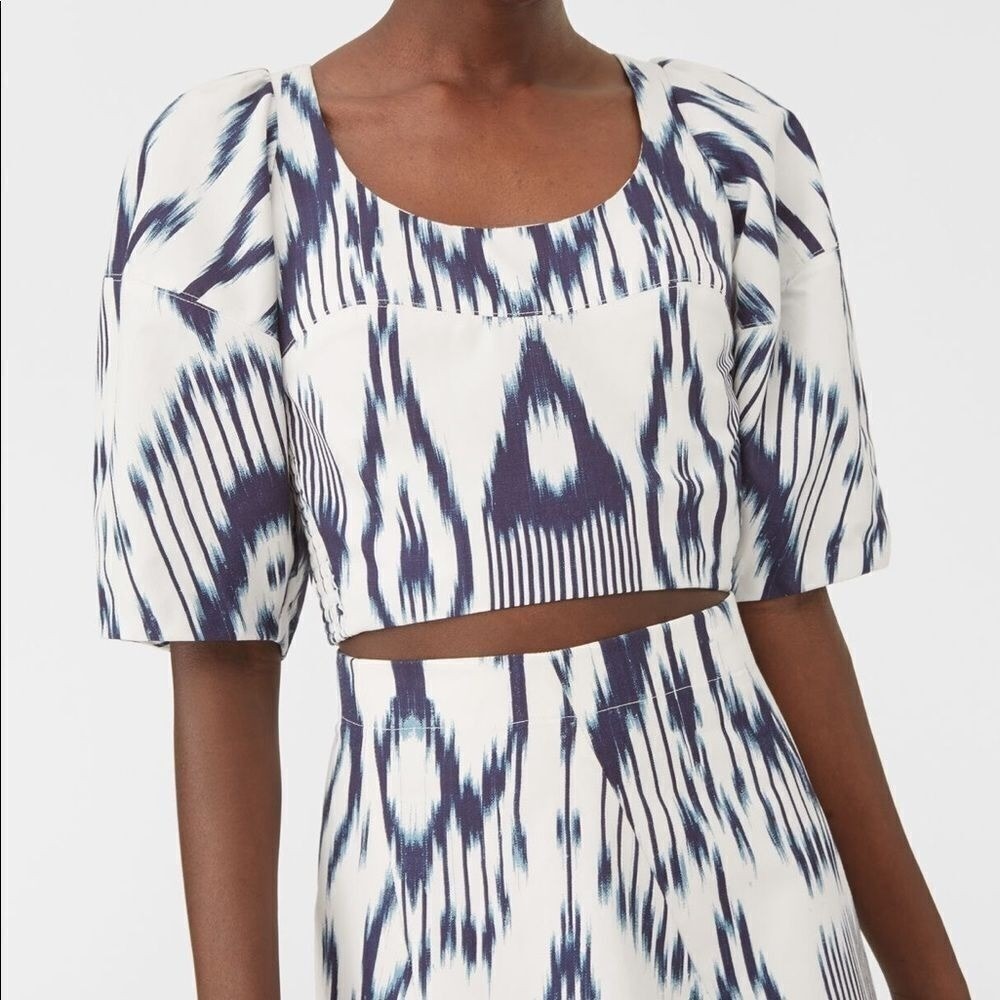 Rebecca Taylor Navy White Ikat Print Puff Sleeve Crop Top Size 12 New